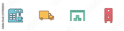 Set Coffee machine, Delivery cargo truck, Warehouse and Stereo speaker icon. Vector.