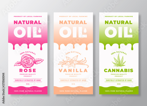 Natural Oil Abstract Vector Packaging Designs or Label Templates Collection. Gradient Drips and Hand Drawn Rose, Vanilla and Cannabis Leaf Sketch Silhouettes Background Layouts Set.