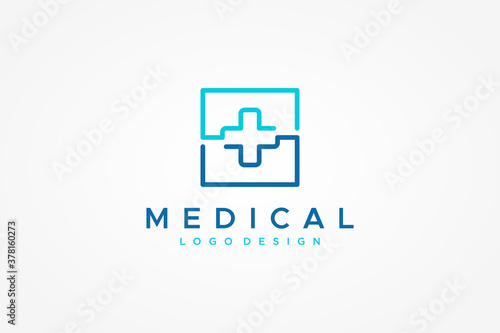 Healthcare Medical Logo. Blue Square Line with Geometric Cross Sign Health Icon inside isolated on White Background. Flat Vector Logo Design Template Element.