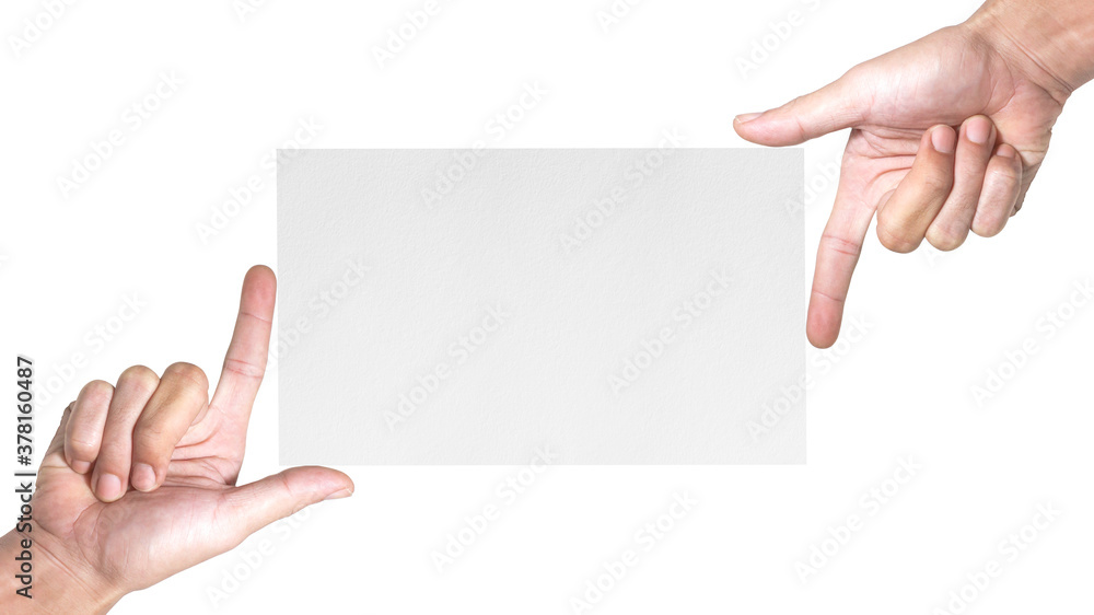Hands gestures the frame with white empty paper blank for your copy or design, isolated on white background. Hands gestures the frame with white empty paper blank for your copy or design, isolated on white background.