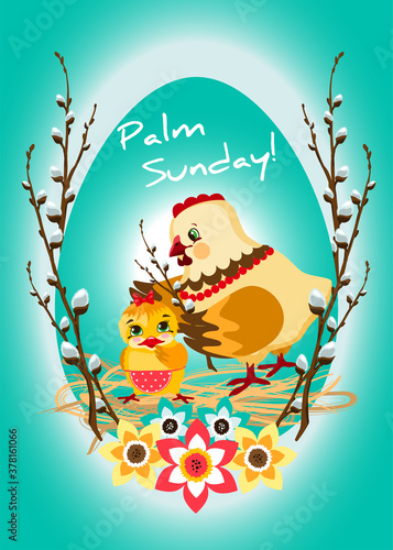 Palm Sunday. Mother-Chicken gives her daughter-chicken a sprig of willow. Vector, isolated image on a white background, in the style of a cartoon.