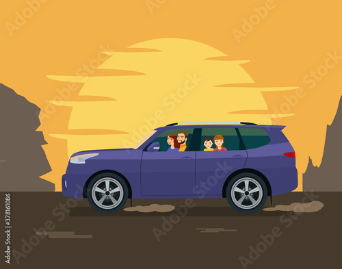 The family drives an SUV against the backdrop of the setting sun and mountains. Vector illustration in a flat style.