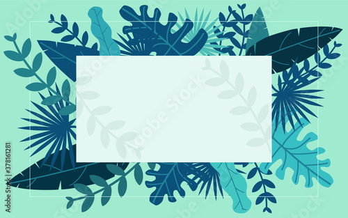 Horizontal background with tropical palm, banana and monstera leaves. Elegant background decorated with foliage of exotic plants in trendy colors. Vector illustration