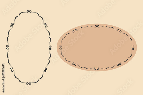 Decorative oval frame for web cards. Stylized creative ornamental curved frame, black background, phychedelic blue colors. Vector eps 10