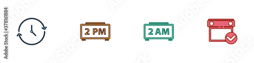 Set Clock, Digital alarm clock, and Calendar with check mark icon. Vector.