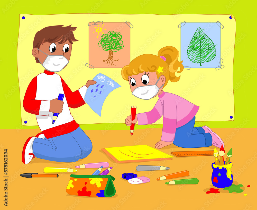 Kids in art class with protection masks, illustration Kids in art class with protection masks, illustration