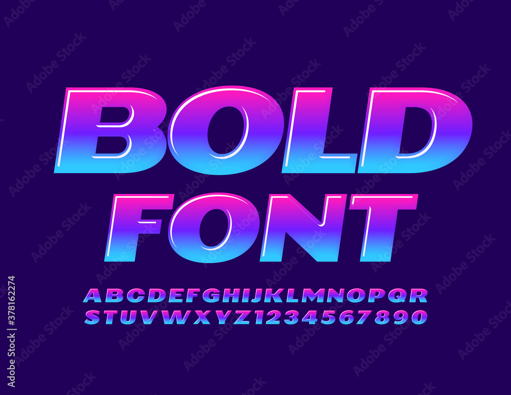 Vector Bold Font. Creative color gradient ALphabet set. Glossy bright Letters and Numbers