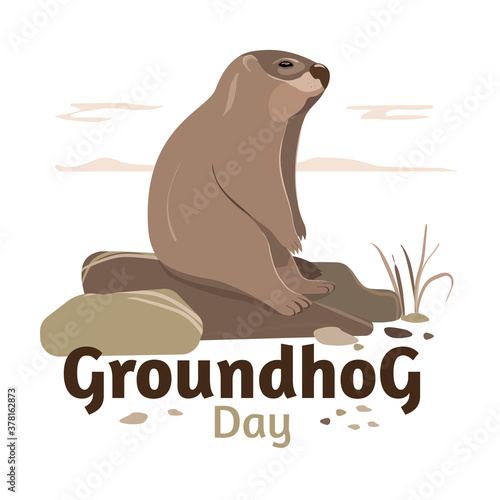 Groundhog day. The Groundhog, sad, sits on the rocks and looks into the void, meditating. Vector image.