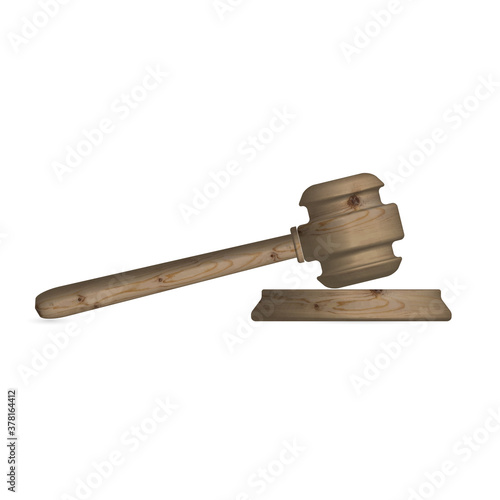 Wooden judge hammer and stand, vector illustration.