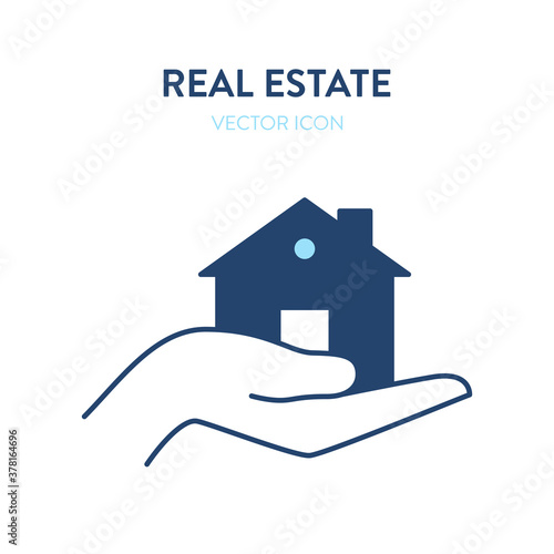 Hand holding house icon. Vector illustration of a human hand carefully holding a house. Represents concept of real estate, home purchase, household. Can be used as a real estate logo, icon, sign