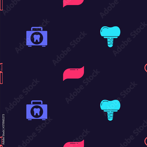 Set Dental implant, First aid kit, Toothpaste and floss on seamless pattern. Vector.