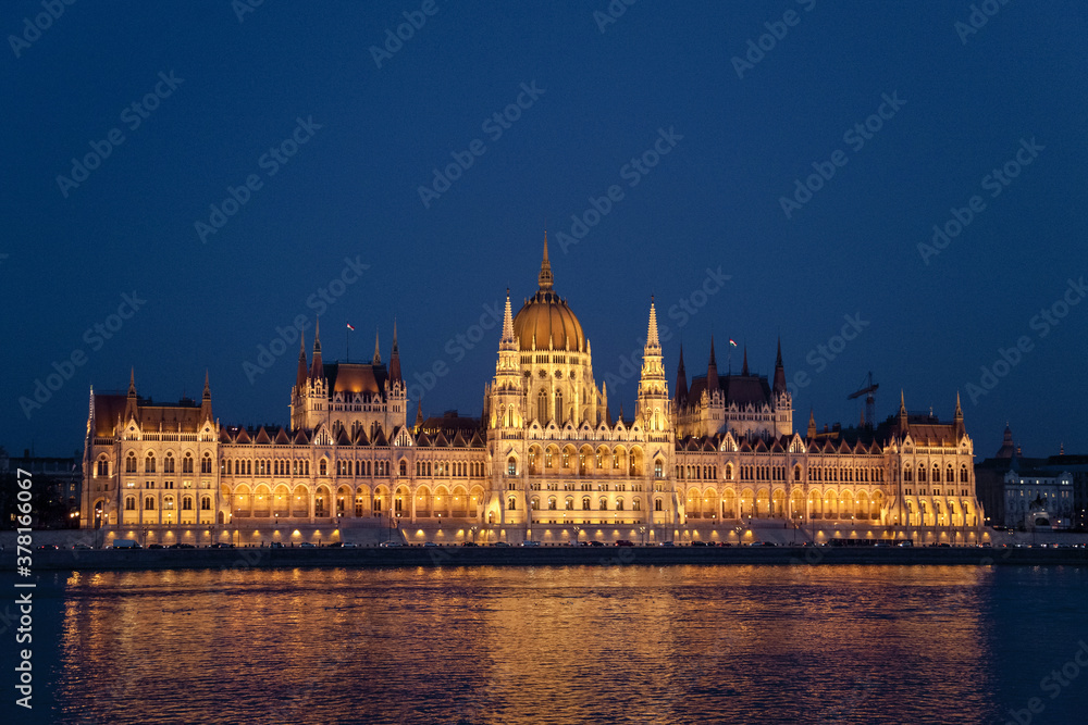 Hungarian Parliament in Budapest. Night view with lights. Europe, Hungary. Amazing landmark with historical building.