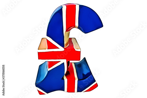 A piggy box shaped as a symbol of British currency on white background, isolated.