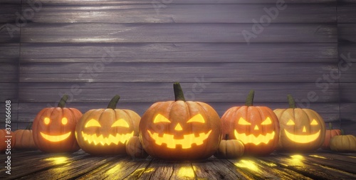 Halloween pumpkin, jack o lantern rides on a wooden board.3D rendering.