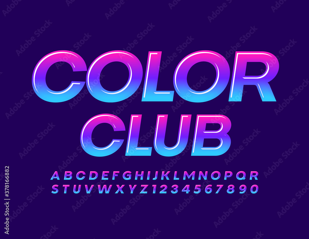 Vector artistic sign Color Club. Glossy creative Font. bright Gradient Alphabet Letters and Numbers set