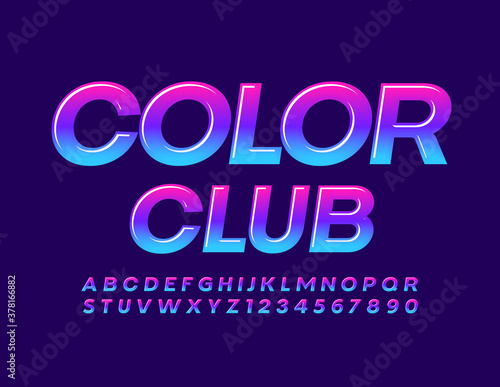 Vector artistic sign Color Club. Glossy creative Font. bright Gradient Alphabet Letters and Numbers set