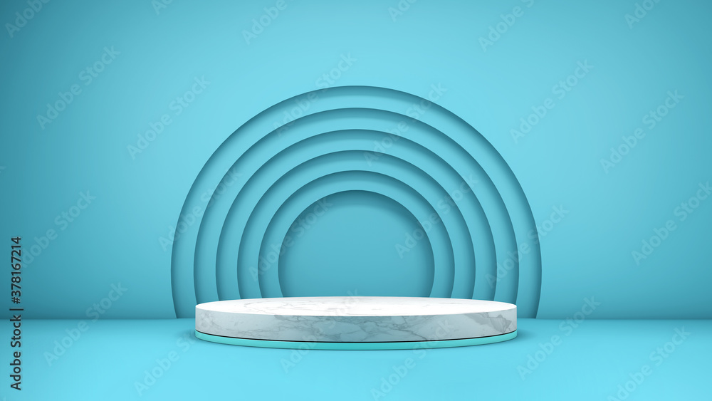 Obraz premium 3D rendering of a marble textured podium on a blue background for product display