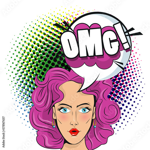 beautiful woman with pink hair and omg expression pop art style poster