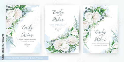 Wedding invite, invitation watercolor floral card template set. Elegant stylish tender ivory white garden Rose flower, asparagus fern leaves greenery & dusty blue ink paint splashes. Trendy art design
