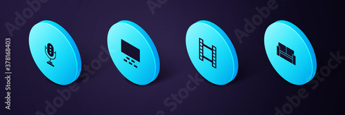 Set Isometric Cinema chair, Play Video, auditorium with seats and Microphone icon. Vector.