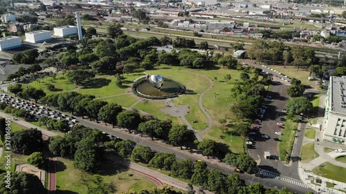 Detalle y acercamiento aéreo a la Plaza de las Naciones Unidas y la escultura de la Floralis Genérica en el barrio de Recoleta, Buenos Aires, Argentina photo