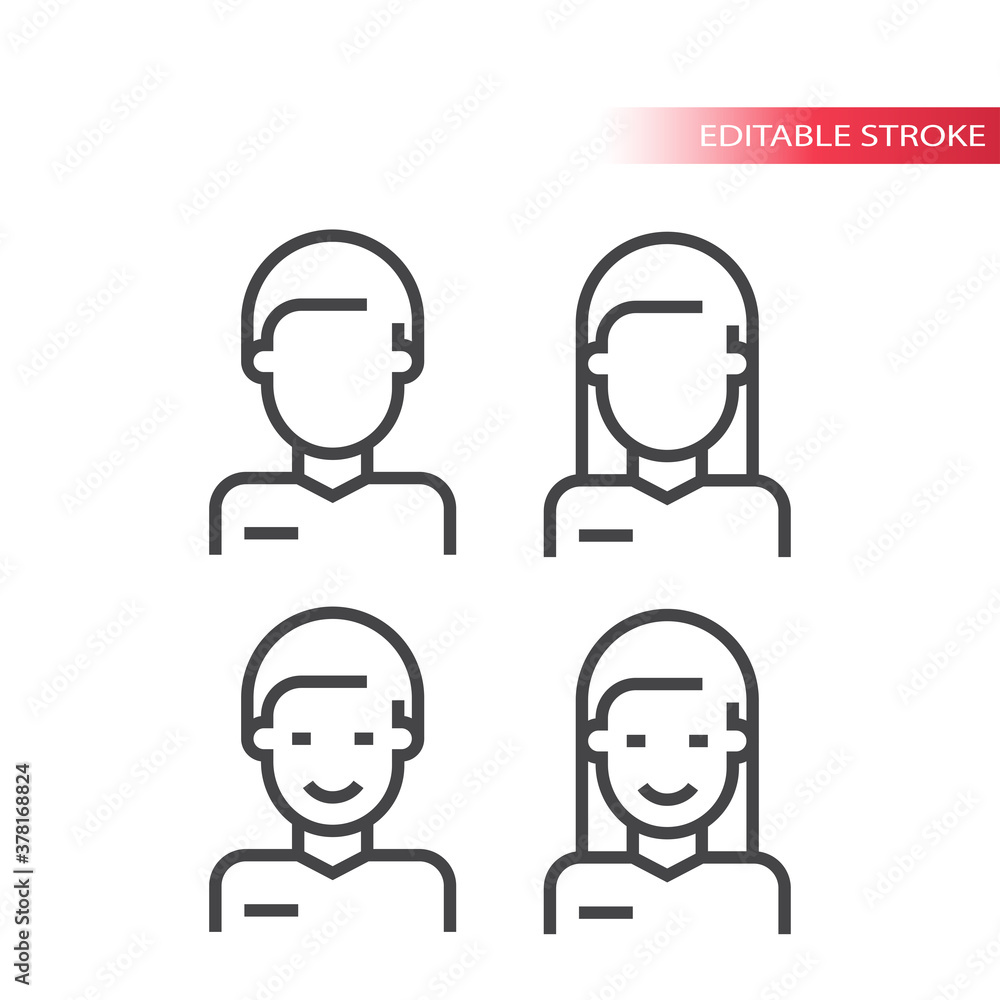 Employee or avatar thin line vector icon. Male and female torso, man and woman profile outline symbols, editable stroke.