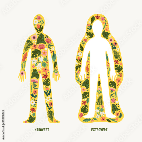 Extrovert and introvert. Extraversion and introversion concept - silhouettes of two human bodies with an abstract image of emotions as flowers inside and outside
