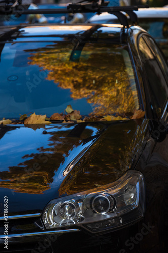 Car standing on street with maple autumn leaves on windshield and beautiful reflection of golden tree crowns and a house. 