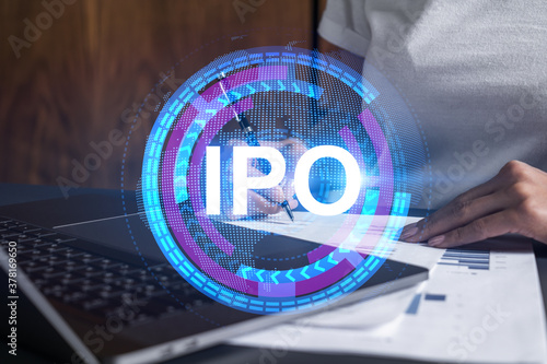 Woman signs agreement. IPO icon hologram. Double exposure . investment concept.