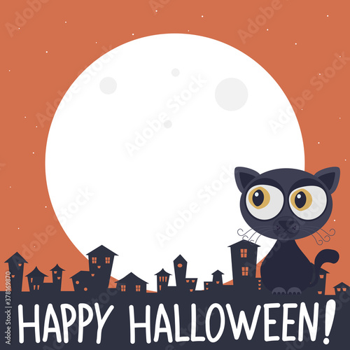 Dark cat looking halloween moon.Vector black cat cartoon character illustration from halloween collection.