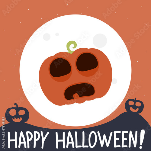 Cartoon pumpkin monster with happy halloween lettering.Vector halloween pumpkin cartoon character illustration from halloween collection.