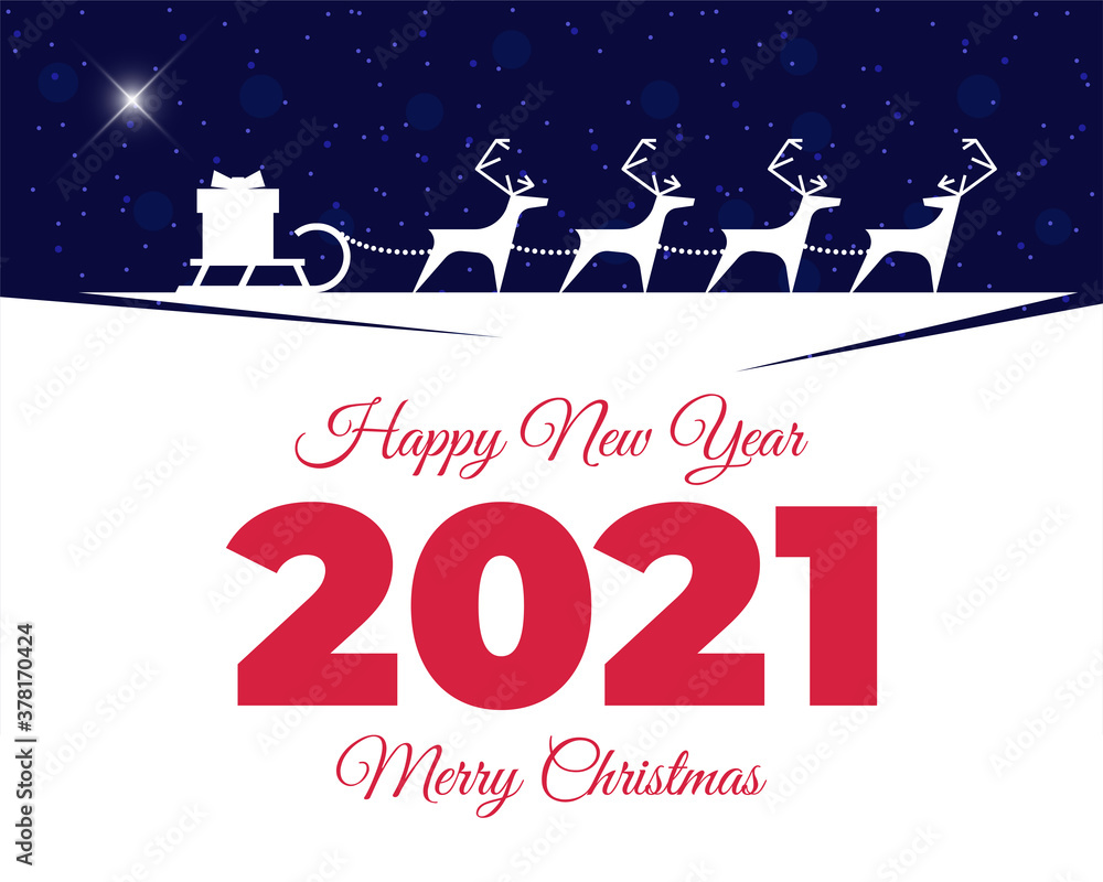 Santa Claus reindeer harness with gift box on sleigh greeting card. Merry Christmas and Happy New Year 2021 lettering with shining bethlehem star calendar cover. Xmas magic night vector Illustration Santa Claus reindeer harness with gift box on sleigh greeting card. Merry Christmas and Happy New Year 2021 lettering with shining bethlehem star calendar cover. Xmas magic night vector Illustration