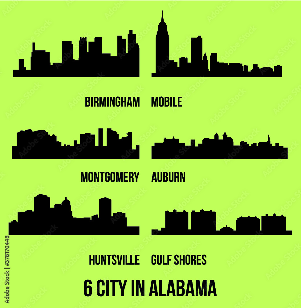 Set of 6 city silhouette in Alabama ( Huntsville, Gulf Shores, Montgomery, Birmingham, Auburn, Mobile ) Set of 6 city silhouette in Alabama ( Huntsville, Gulf Shores, Montgomery, Birmingham, Auburn, Mobile )
