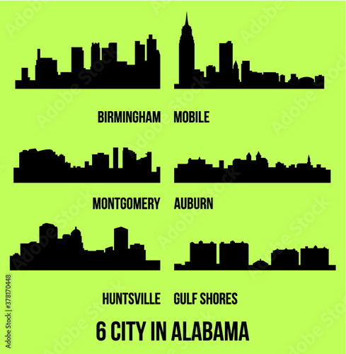 Set of 6 city silhouette in Alabama ( Huntsville, Gulf Shores, Montgomery, Birmingham, Auburn, Mobile )