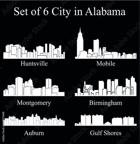 Set of 6 city silhouette in Alabama ( Huntsville, Gulf Shores, Montgomery, Birmingham, Auburn, Mobile )