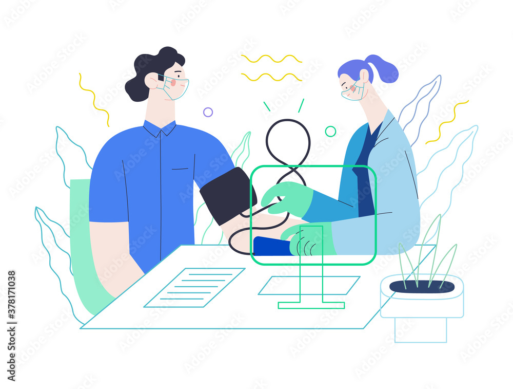 Medical tests template - blood pressure test - modern flat vector concept digital illustration of blood pressure measurement procedure - a patient and doctor with a meter, medical office or laboratory Medical tests template - blood pressure test - modern flat vector concept digital illustration of blood pressure measurement procedure - a patient and doctor with a meter, medical office or laboratory
