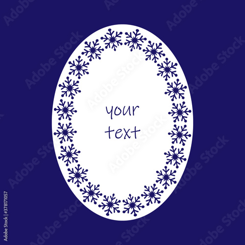 Decorative ellipse frame for web cards. Snowflakes creative ornamental curved frame, dark blue background, text space. Vector 