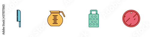 Set Knife, Coffee pot, Grater and Cutting board icon. Vector.