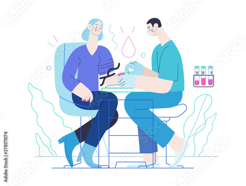 Medical tests illustration - blood test - modern flat vector concept digital illustration of blood test procedure - a patient and doctor with a syringe and test tubes, the medical office or laboratory