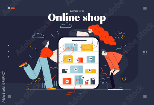 Business topics -online shopping, web template, header. Flat style modern outlined vector concept illustration. Tablet, shop shelves, boxes. People taking and looking at the goods. Business metaphor