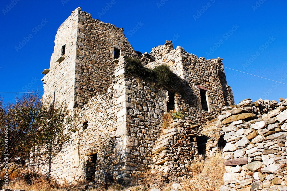 Stone tower at the medieval village of Vathia in southeastern Laconia, Peloponnese region, Greece.
