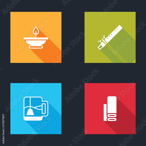 Set Aroma lamp, Bamboo flute indian, Cup of tea with tea bag and Indian textile fabric icon. Vector.