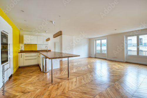 modern living room with kitchen