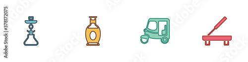 Set Hookah, Indian vase, Taxi tuk tuk and Scented spa stick icon. Vector.