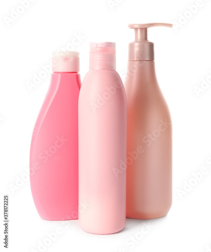 Three bottles of personal hygiene products on white background