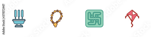Set Incense sticks, Rosary beads religion, Hindu swastika and Kite icon. Vector.