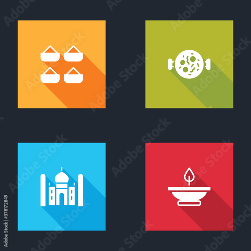 Set Indian spice, Chicken tikka masala, Taj Mahal and Aroma lamp icon. Vector.