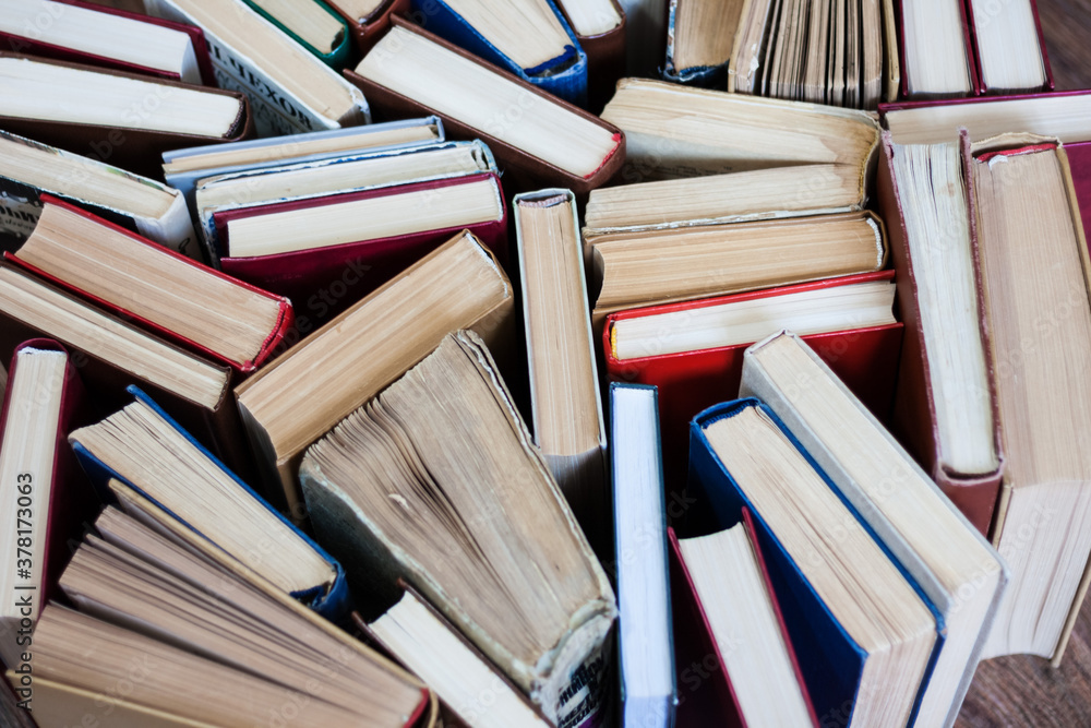 Obraz premium stack of old book, education concept background, many books piles with copy space for text.