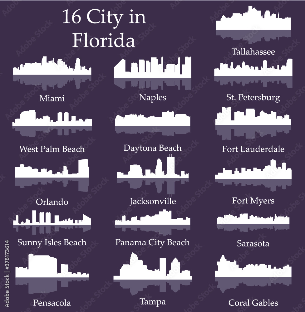 Set of 16 City Silhouette in Florida ( Tallahassee, Miami, Naples, St Petersburg, West Palm Beach, Daytona Beach, Fort Lauderdale, Orlando, Jacksonville, Fort Myers, Tampa, Sarasota, Pensacola )