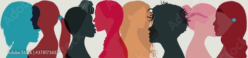 Group multi-ethnic and international women and girl who communicate and share information. Head face silhouette profile. Social network female community. Friendship of diverse cultures